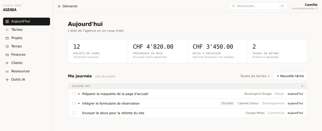 Tableau de bord d'une application de gestion sur mesure : projets en cours, trésorerie du mois, montants restant à encaisser et tâches du jour