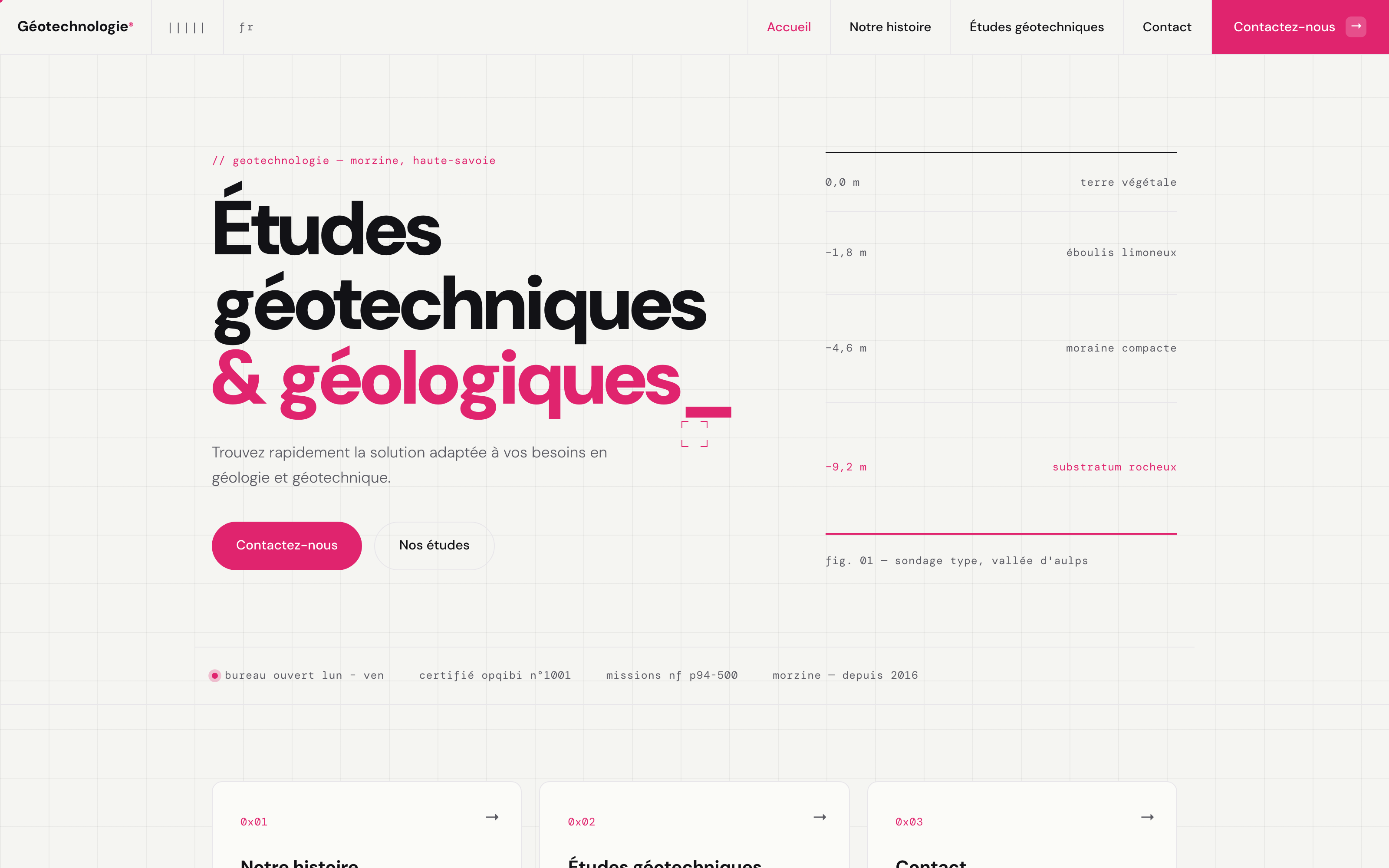 Capture du site Géotechnologie, bureau d'études géotechniques à Morzine, conçu par WeAreBrothers Lausanne