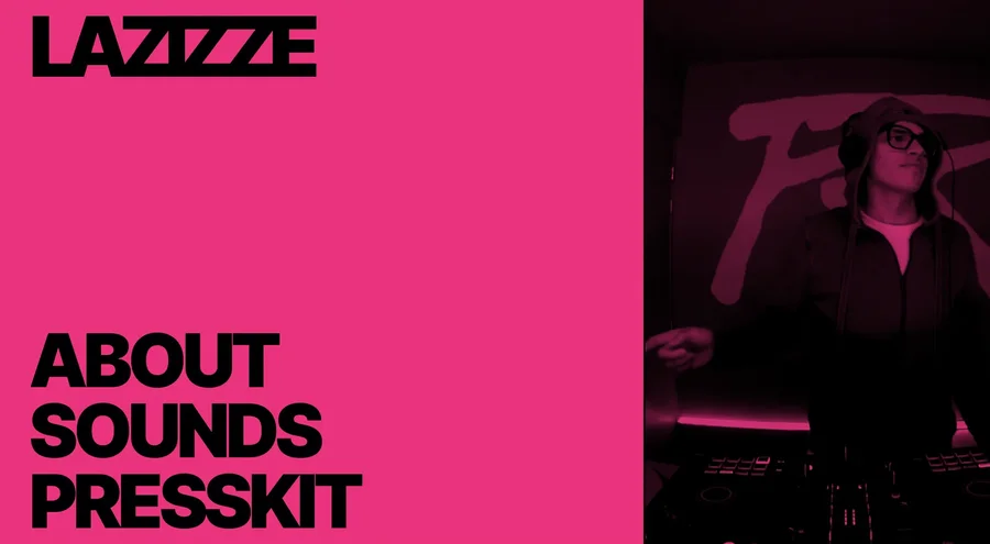 L'identité de LAZIZZE, DJ house lausannois : le nom en capitales noires sur un aplat rose, à côté d'une photo du DJ aux platines