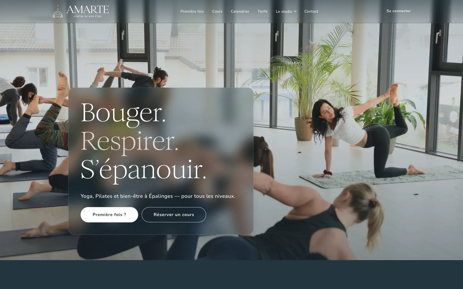 Page d'accueil d'Amarte Studio, centre de yoga et de Pilates à Épalinges, site codé par le studio