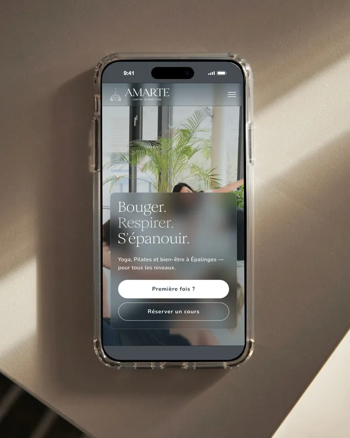 Capture du site d'Amarte Studio, centre de yoga et de Pilates à Épalinges, conçu par WeAreBrothers Lausanne